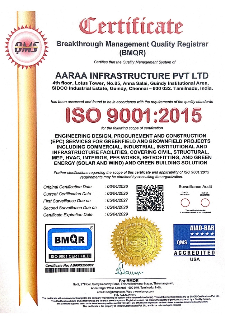 ISO 9001:2015 Quality Management System Certificate - AARAA Infrastructure